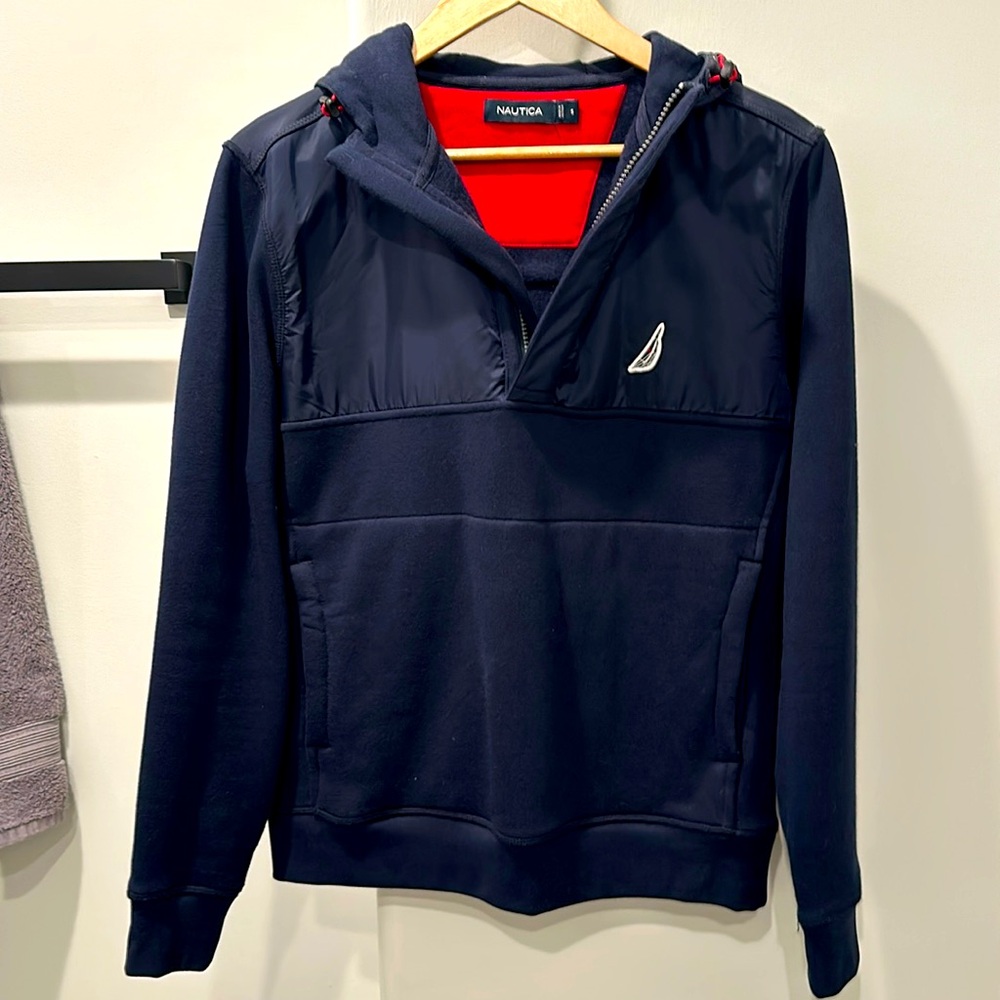 Nautica navy hooded pull over 1/4 zip
